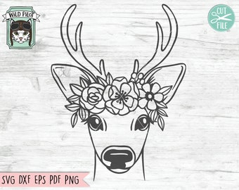 Deer Face SVG, Reindeer svg, Deer Flower Crown SVG, Deer cut file, Animal Face, Floral Crown, Deer with Flowers on Head, Fawn svg, Antlers