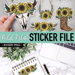 May include: Nine digital sticker designs featuring sunflowers, a skull with horns, a horseshoe, a cowboy hat, and cowboy boots. The stickers are in a white border and are on a gray background.