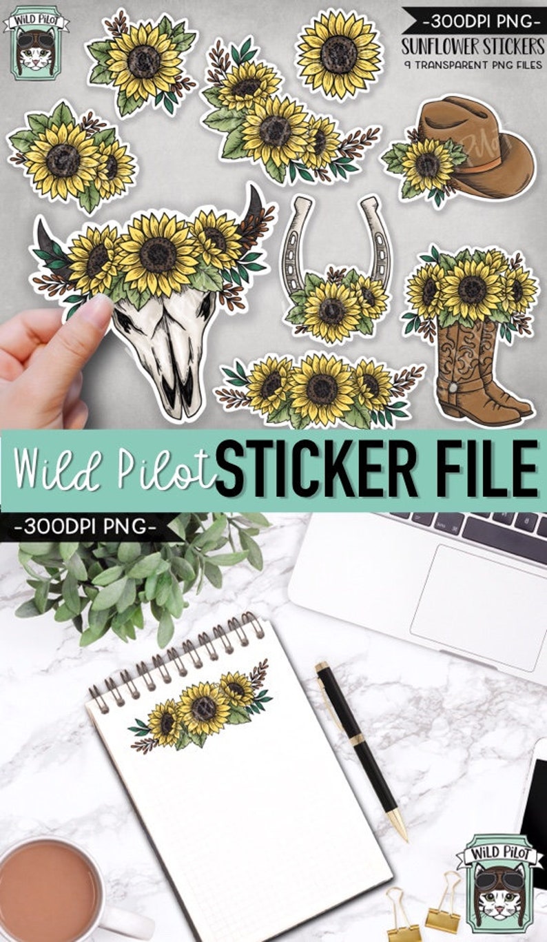 May include: Nine digital sticker designs featuring sunflowers, a skull with horns, a horseshoe, a cowboy hat, and cowboy boots. The stickers are in a white border and are on a gray background.