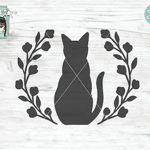 Cat SVG file, Cat Wreath svg file, Cat Silhouette svg, Cat Wreath cut file, black cat svg, cat clipart, Laurel leaf Wreath, cat vector