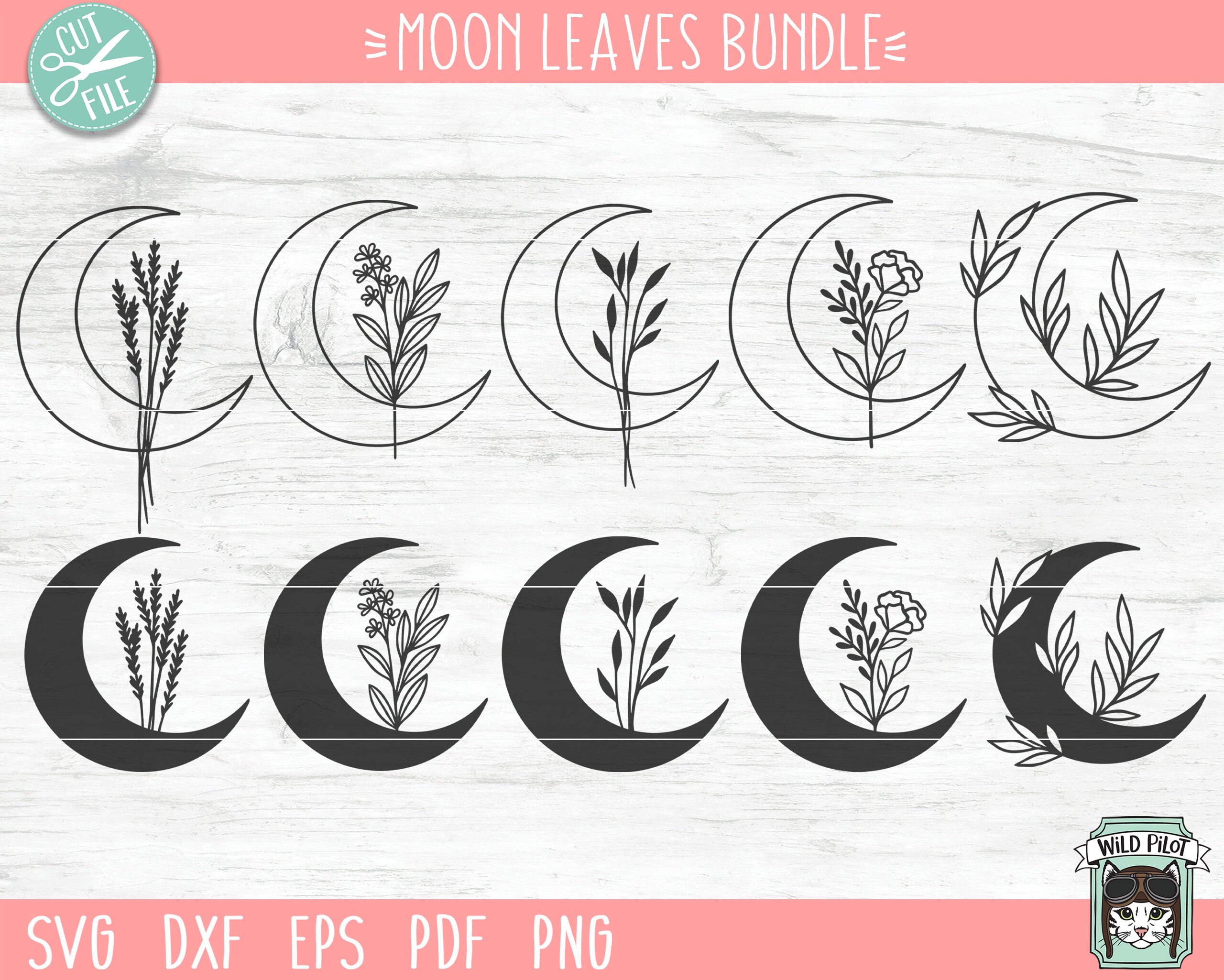 Moon Leaves Bundle Svg File Moon Leaves Svg Moon Floral Svg Etsy