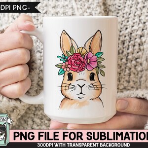 Floral Bunny SUBLIMATION Design PNG, Easter Bunny Face Png File, Flower ...
