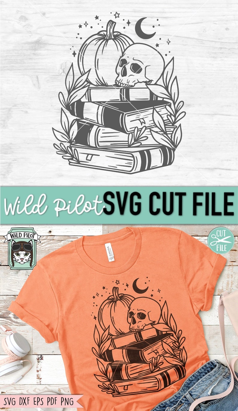May include: Orange t-shirt featuring a black and white graphic design. The design includes a pumpkin, skull, books, stars, and a crescent moon. The text "Wild Pilot SVG CUT FILE" is also visible.
