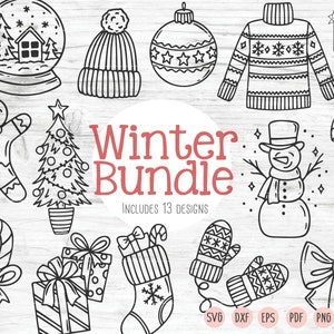 May include: A set of 13 black and white winter-themed illustrations, including a snowman, gingerbread man, candy cane, Christmas tree, stocking, mittens, and a snow globe. The text "Winter Bundle" and "Includes 13 Designs" is also included.