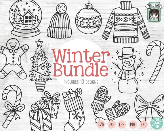 Christmas Bundle SVG Cut File, Snowman, Present, Candy cane, Ugly Sweater, Mittens, Hat, Stocking, Snow Globe, Gingerbread man, Bow, Tree