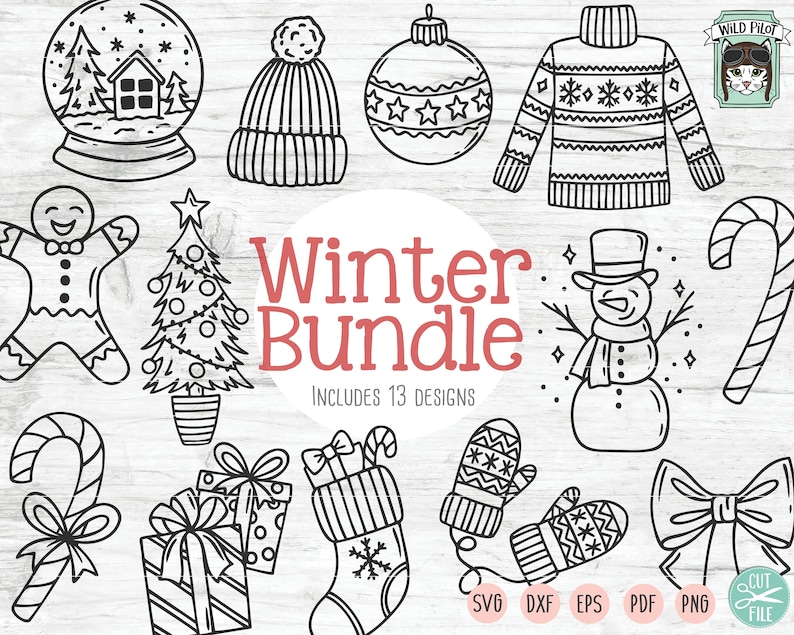 Op de afbeelding: Een set van 13 zwart-witte winterthema-illustraties, waaronder een sneeuwpop, een peperkoekman, een snoepstok, een kerstboom, een sok, wanten en een sneeuwbol. De tekst "Winter Bundle" en "Includes 13 Designs" is ook inbegrepen.