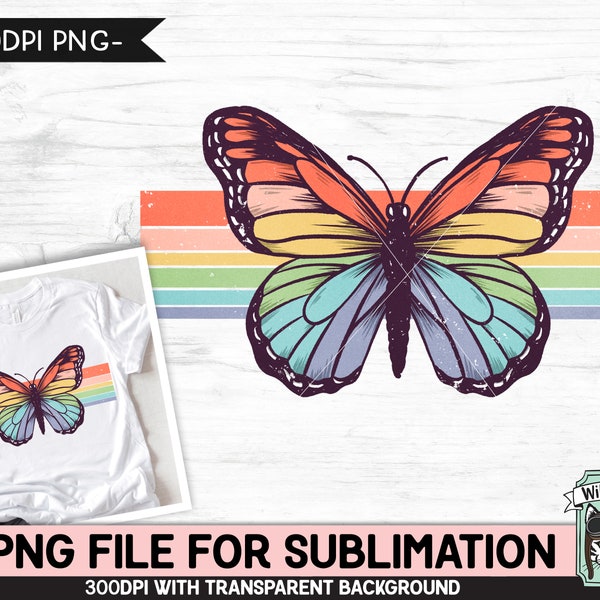 Retro Rainbow Butterfly SUBLIMATION ontwerp PNG, Retro Stripe Butterfly Sublimation, Retro PNG sublimatie, Vintage Butterfly Sublimation