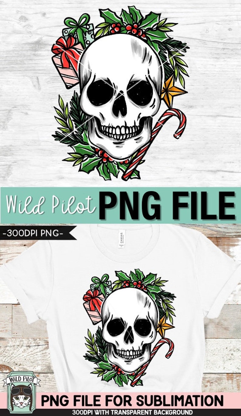 Christmas Skull SUBLIMATION design PNG, Christmas Skull png file, Christmas sublimation download, Skull with Holly, Candy Cane, Presents image 5