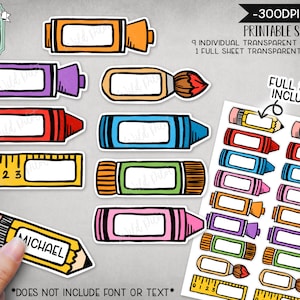 PRINTABLE School Label Sticker files PNG file, Back to School Sticker file, School Label Sticker Sheet, Pencil, Crayon, Marker, Ruler Glue