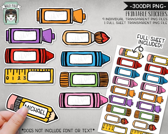 PRINTABLE School Label Sticker files PNG file, Back to School Sticker file, School Label Sticker Sheet, Pencil, Crayon, Marker, Ruler Glue