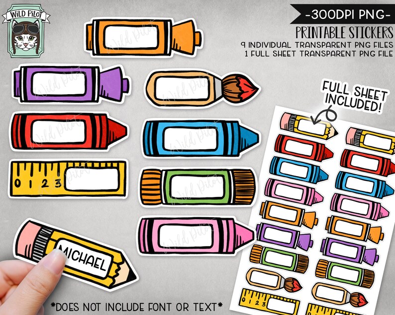 Peut inclure: Autocollants imprimables repr&eacute;sentant divers fournitures scolaires, notamment des crayons de couleur, des marqueurs, des crayons, des r&egrave;gles et des pinceaux. Les autocollants sont con&ccedil;us dans un style color&eacute; et dessin&eacute; &agrave; la main et comprennent des espaces vides pour la personnalisation. Le texte "FULL SHEET INCLUDED!" est visible sur l'image.