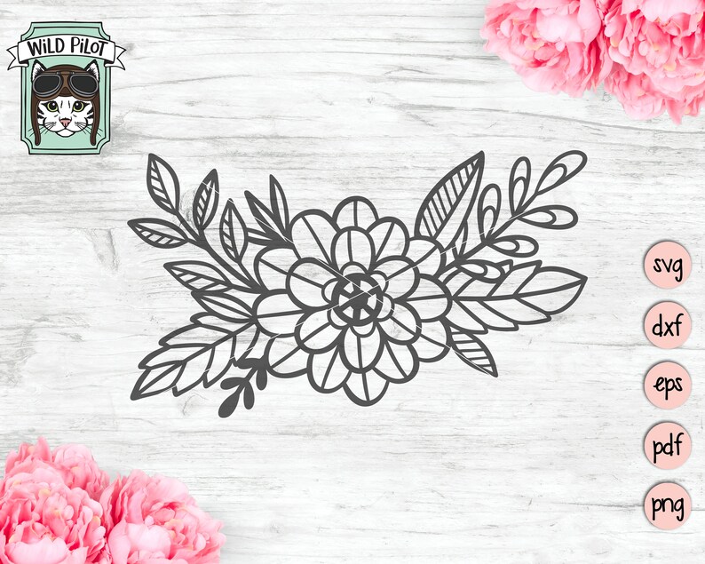 Puede incluir: Ilustraci&oacute;n en blanco y negro de l&iacute;nea de un ramo de flores con una flor grande en el centro y flores y hojas m&aacute;s peque&ntilde;as alrededor.