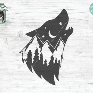 May include: A black silhouette of a wolf howling at the moon. The wolf's silhouette is filled with a mountain range, trees, and stars.