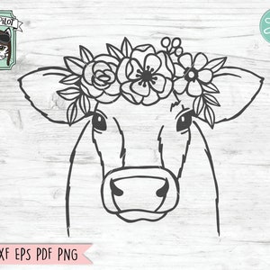 Cow SVG file, Cow with Flower Crown SVG, Cow cut file, Animal Face, Floral Crown, Cow with Flowers on Head, Cute Cow svg, Farm Animals, Barn