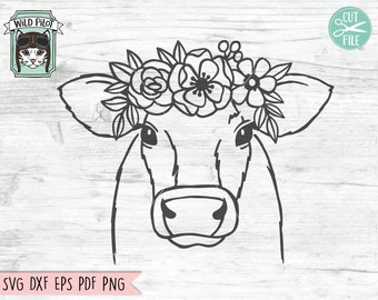 牛のSVGファイル、花冠をつけた牛のSVG、牛のカットファイル、動物の顔、花冠、頭に花をつけた牛、かわいい牛のSVG、農場の動物、納屋