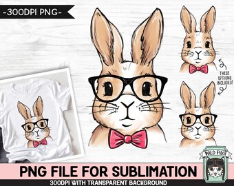 Bunny SUBLIMATION design PNG, Easter Bunny Glasses Bowtie png file, Bunny Rabbit sublimation, Kids Easter Shirt Basket Bunny png, Spring