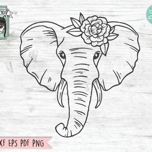 May include: Line art drawing of an elephant's head with a flower crown. The elephant has a detailed trunk and large ears. The flower crown is made of a single large flower with leaves.