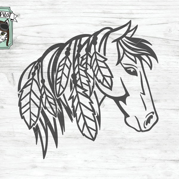 Horse SVG file, Horse cut file, Horse vector, feathers svg, boho svg, Horse with feathers svg, Horse head svg cut file, rustic svg cut file