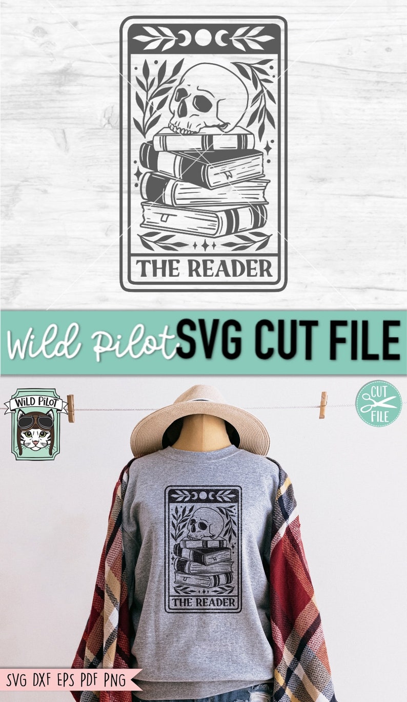 May include: A black and white illustration of a tarot card with a skull resting on a stack of books. The card is labeled "The Reader".