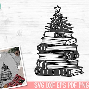 May include: Black and white illustration of a Christmas tree made of stacked books. The tree has a star on top and is surrounded by a white background.