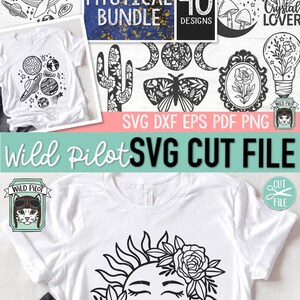 May include: A set of 40 mystical SVG cut files featuring a variety of designs, including a sun with flowers, a cactus, a moon, a butterfly, a mushroom, a crystal, and a lightbulb. The text "We are made of stardust" and "Mystical Bundle 40 Designs" are also included in the image.