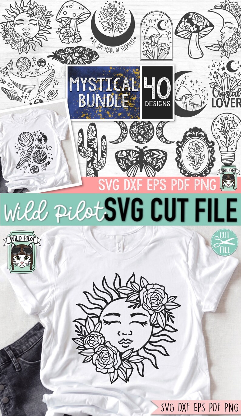 May include: A set of 40 mystical SVG cut files featuring a variety of designs, including a sun with flowers, a cactus, a moon, a butterfly, a mushroom, a crystal, and a lightbulb. The text "We are made of stardust" and "Mystical Bundle 40 Designs" are also included in the image.