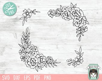 May include: Four black and white floral corner designs with a simple, hand-drawn style. Each design features a cluster of flowers and leaves.