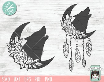 Moon Flowers svg file, Wolf Moon Floral svg, Dreamcatcher svg file, Wolf Moon Dreamcatcher Flowers, Dreamcatcher cut file, Feathers, Boho