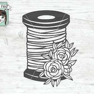 May include: Black and white line art illustration of a spool of thread with two flowers on the side. The spool is a simple design with a rounded top and a flat bottom. The flowers are stylized and have five petals each.