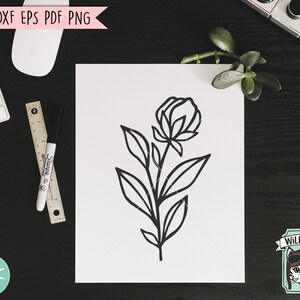 May include: A black and white line drawing of a single flower with five petals and leaves. The flower is stylized and has a simple, modern design.