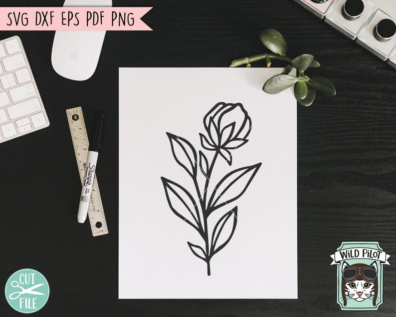 May include: A black and white line drawing of a single flower with five petals and leaves. The flower is stylized and has a simple, modern design.