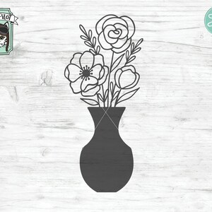 May include: A black and white line drawing of a bouquet of flowers in a vase. The flowers are stylized and have a simple design. The vase is a simple, rounded shape.