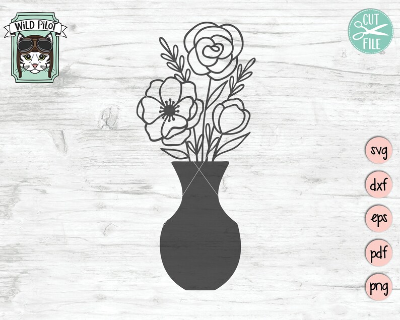 May include: A black and white line drawing of a bouquet of flowers in a vase. The flowers are stylized and have a simple design. The vase is a simple, rounded shape.