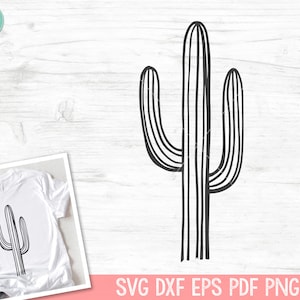 May include: Black and white line art illustration of a cactus with three arms. The cactus is tall and thin with a simple design.