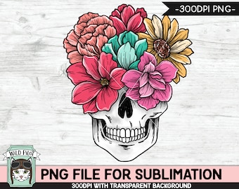 Floral Skull SUBLIMATION design PNG, Flower Skull png file, Skull flowers sublimation designs, Halloween Sublimation design, Skull printable