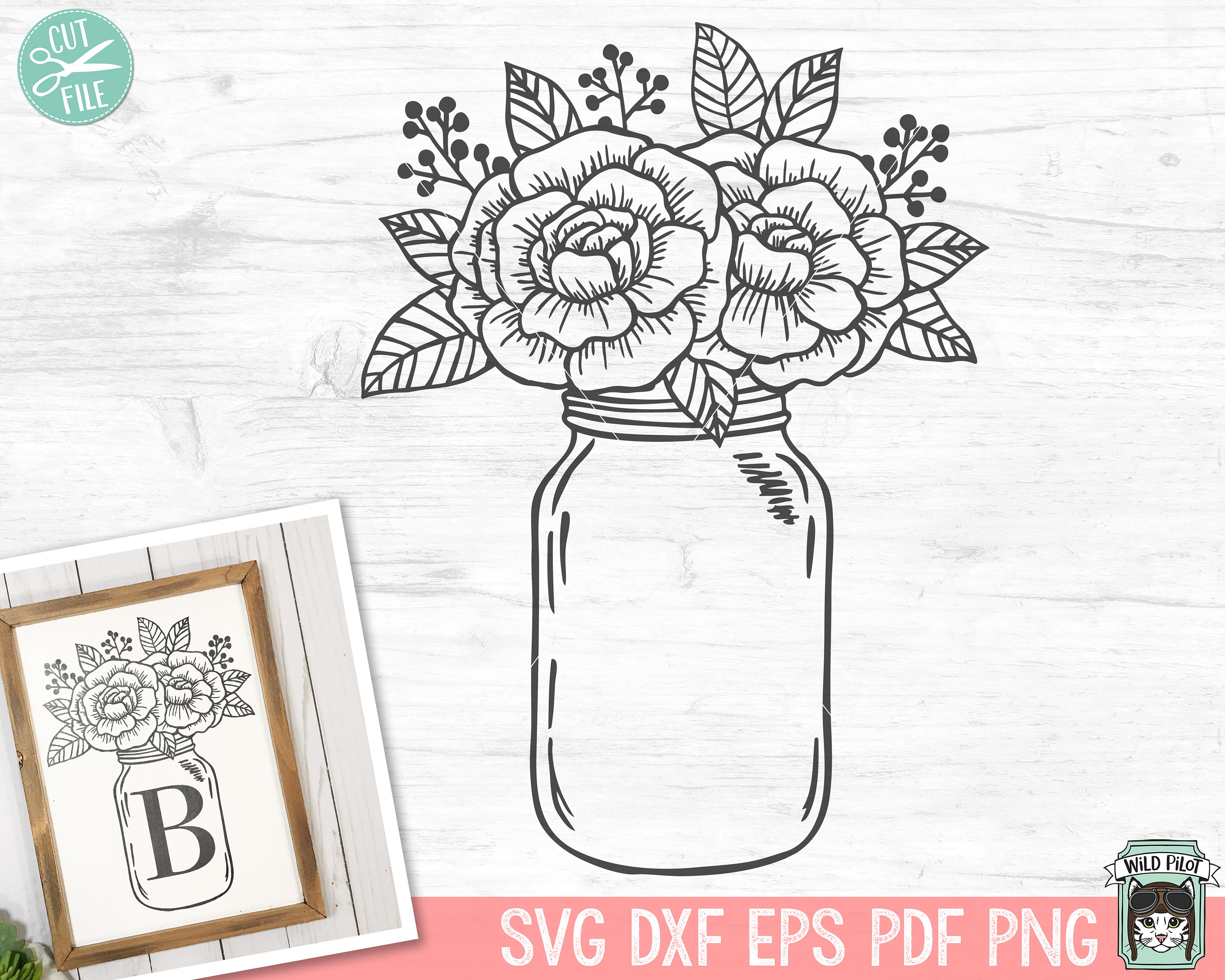 Mason Jar With Flowers Clipart Black And White