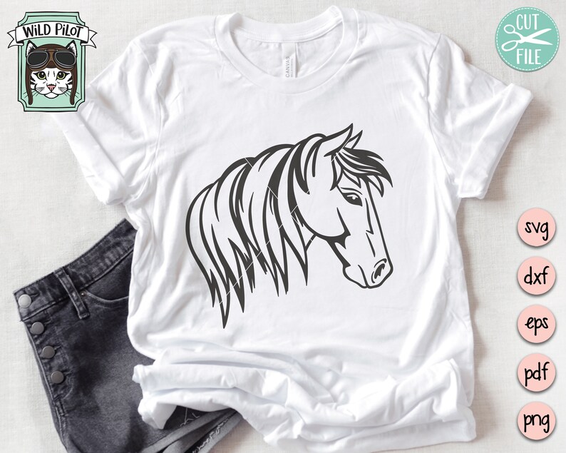 May include: A black and white line art illustration of a horse's head with a mane. The horse is facing to the right. The image is on a white t-shirt.