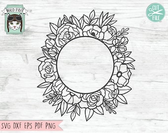 May include: Black and white line art illustration of a circular floral wreath with a blank circle in the center. The wreath is made up of roses, leaves, and other floral elements.
