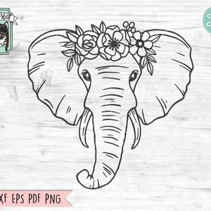 May include: A black and white line drawing of an elephant's head with a floral crown. The elephant has a long trunk and large ears. The flowers in the crown are stylized and have a simple design.