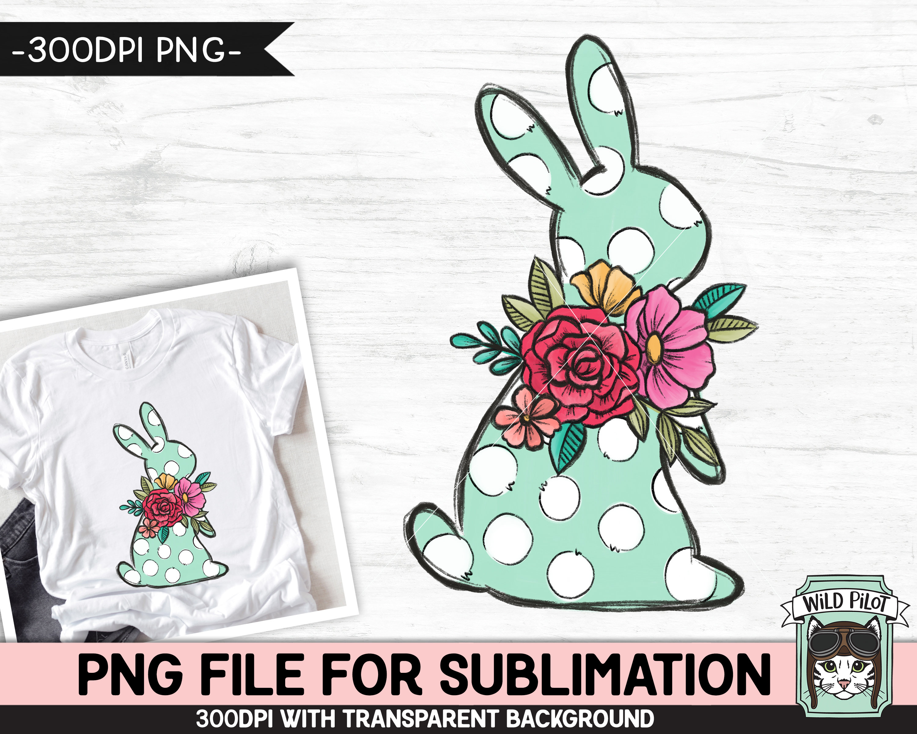 Easter SUBLIMATION Design PNG, Polka Dot Bunny Png File, Floral Bunny ...