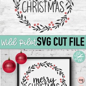 May include: A black and white wreath with red berries and the text "merry christmas" inside. The wreath is on a white background with a red and white gift box in the bottom right corner.