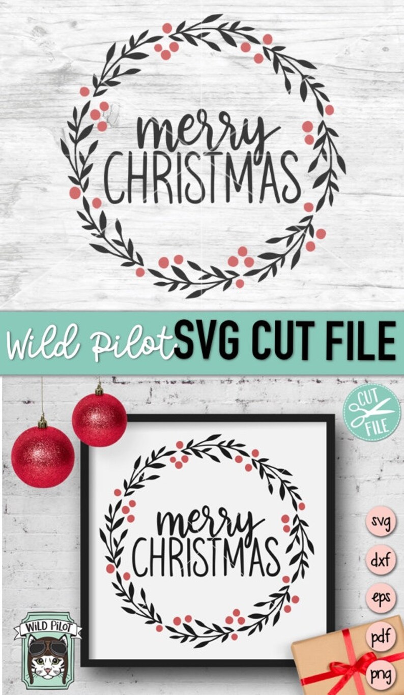 May include: A black and white wreath with red berries and the text "merry christmas" inside. The wreath is on a white background with a red and white gift box in the bottom right corner.