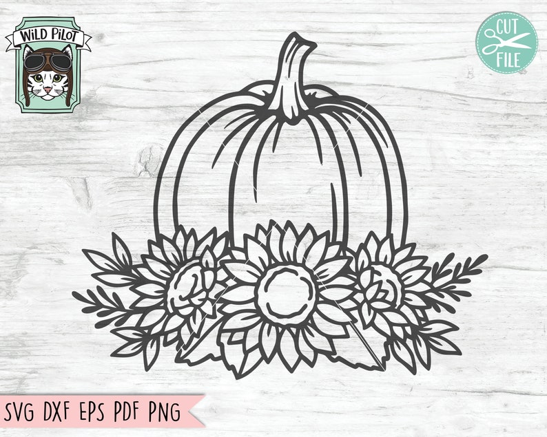 May include: A black and white line art illustration of a pumpkin with sunflowers around it. The pumpkin has a stem and a rounded shape. The sunflowers have petals and a center circle. The image is on a white background.