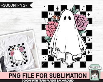 Disegno di SUBLIMAZIONE fantasma floreale retrò PNG, file png fantasma fiore, disegni di sublimazione fantasma scacchiera, sublimazione di Halloween rosa viola