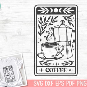 May include: Black and white illustration of a coffee pot, a cup of coffee, and a decorative border with the word "COFFEE" in the center. The illustration is in a vintage style.