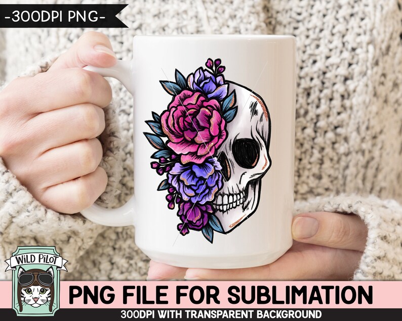 Puede incluir: Taza de cer&aacute;mica blanca con un dise&ntilde;o de calavera floral colorido. La calavera est&aacute; parcialmente cubierta por flores rosas, moradas y azules.