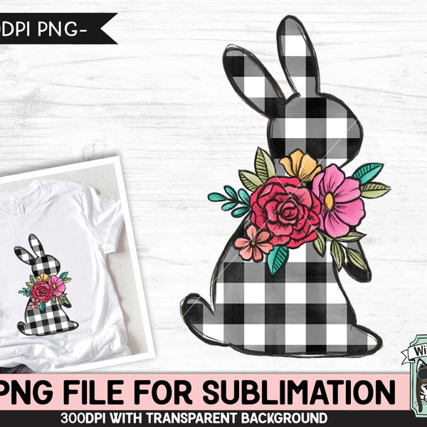 Easter SUBLIMATION design PNG, Black White Buffalo Plaid Bunny png file, Floral Bunny Rabbit silhouette sublimation, Flower Easter Bunny png