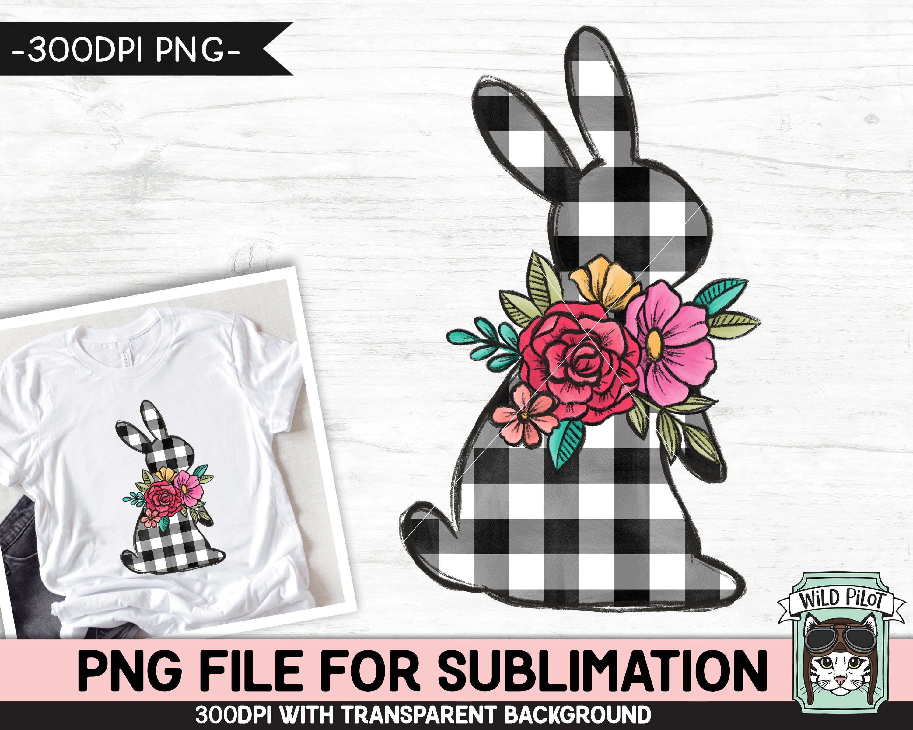 Easter SUBLIMATION Design PNG, Black White Buffalo Plaid Bunny Png File ...
