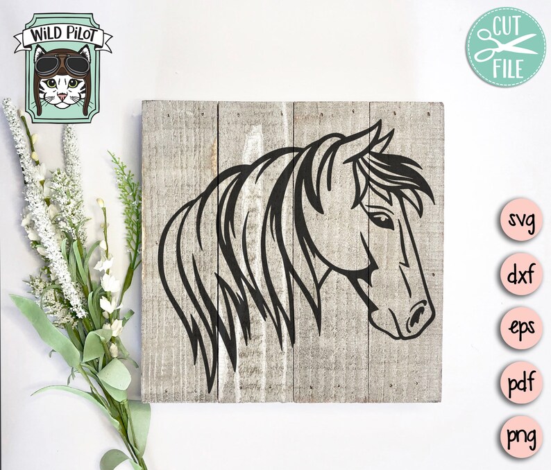May include: A black and white silhouette of a horse's head with its mane flowing, on a woodgrain background.