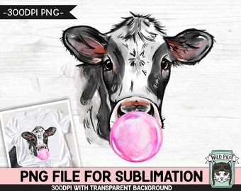 Cow SUBLIMATION PNG, Cow Chewing Gum png, Cow Bubblegum png file, Pink Bubble Gum Cow png, Cow Blowing Bubble png file